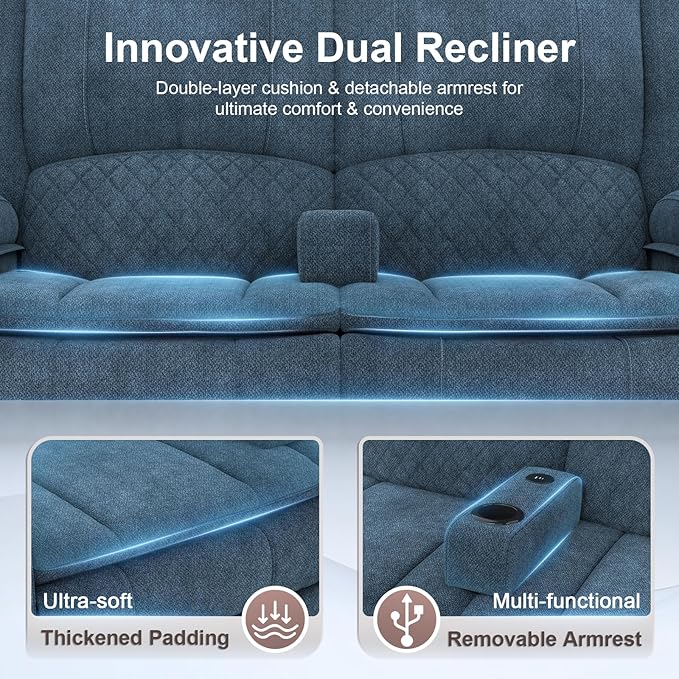 Yolsali Power Reclining Loveseat with Remote Control, Zero Wall Hugger RV Loveseat Recliner Sofa for Living Room with Removable Armrest, 2-Tier Cushions, Hidden Storage & USB Ports, Soft Fabric Blue