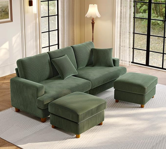 Welzona 87.2" Couches for Living Room, Comfy U Shaped Couch Green 7.5" Thicker Cushion, Sofas for Living Room Tool-Free Setup, Loveseat with Ottoman 848lbs Support, Corduroy Couch for Bedroom, Office