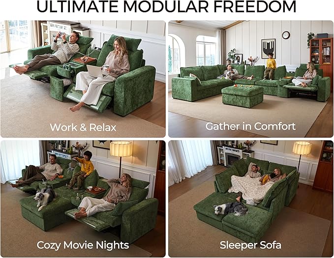 124.8'' Oversized Power Recliner Sofa with Headrest, Extra Wide Modular Cloud Sectional Reclining Couch, Convertible 4-Seater with Storage Ottoman for Home Theater Living Room, Chenille, Green