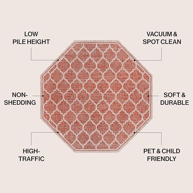 JONATHAN Y Moroccan Trellis Indoor Outdoor Octagon Area Rug 8 Ft Red/Beige, Trebol Textured Weave for Backyard, Patio, Porch, Easy-Cleaning, High Traffic, Pet-Friendly, Non-Shedding (SMB109C-8TGN)