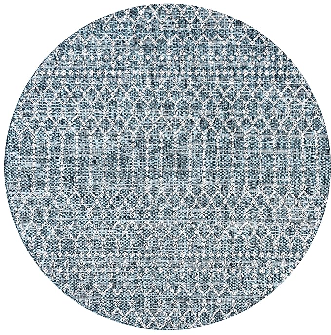 JONATHAN Y Moroccan Geometric Indoor Outdoor Round Area Rug 8 Ft Teal/Gray, Ourika Textured Weave for Backyard, Patio, Porch, Easy-Cleaning, High Traffic, Pet-Friendly, Non-Shedding (SMB108C-8R)