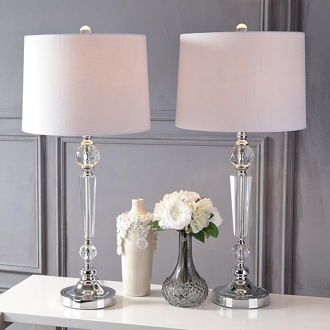 JONATHAN Y 30.5" Clear Crystal Table Lamp Set of 2 for Living Room Bedroom, Modern Glam Candlestick Lamp with Chrome Base and White Linen Drum Shade, LED Bulbs Included JYL2048A-SET2