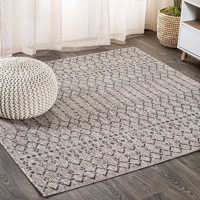 JONATHAN Y Moroccan Geometric Indoor Outdoor Square Area Rug 9X9 Natural/Black, Ourika Textured Weave for Backyard, Patio, Porch, Easy-Cleaning, High Traffic Pet-Friendly, Non-Shedding SMB108D-9SQ