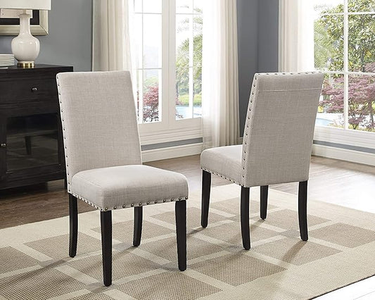 Roundhill Furniture Biony Tan Fabric Dining Chairs with Nailhead Trim, Set of 2 & Height Stools with Nailhead Trim, Set of 2