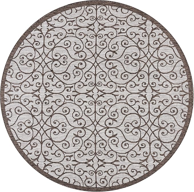 JONATHAN Y Vintage Filigree Indoor Outdoor Round Area Rug 9 Ft Taupe/Espresso, Madrid Textured Weave for Backyard, Patio, Porch, Easy-Cleaning, High Traffic, Pet-Friendly, Non-Shedding (SMB107C-9R)
