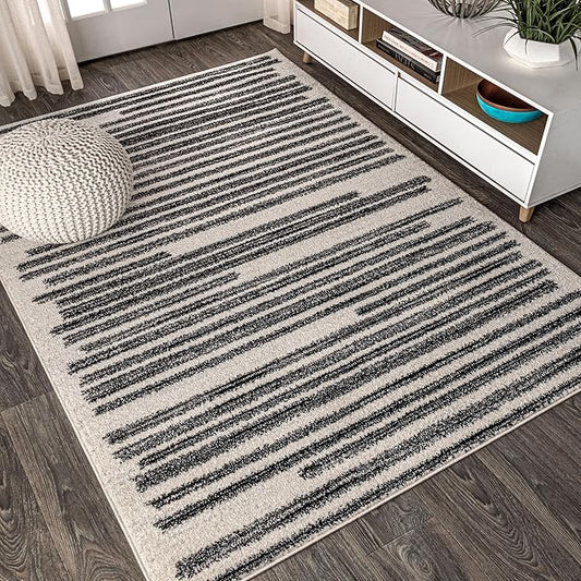 JONATHAN Y Khalil Modern Berber Stripe Cream/Black Indoor Area Rug, 12x18, Contemporary, Bohemian, Easy-Cleaning for Living Room, Bedroom, Kitchen, Pet Friendly, Non-Shedding (MOH207A-18)