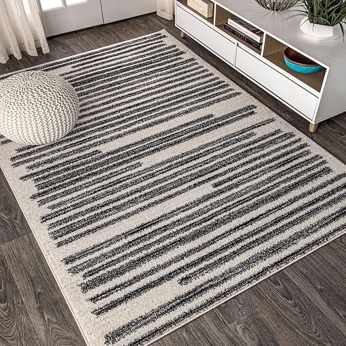 JONATHAN Y Khalil Modern Berber Stripe Cream/Black Indoor Area Rug, 5x8, Contemporary, Bohemian, Easy-Cleaning for Living Room, Bedroom, Kitchen, Pet Friendly, Non-Shedding (MOH207A-5)