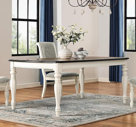 Roundhill Furniture Belleza French Country 74" Width Wood Dining Table, Table for 6, Antique White and Weathered Oak Finish