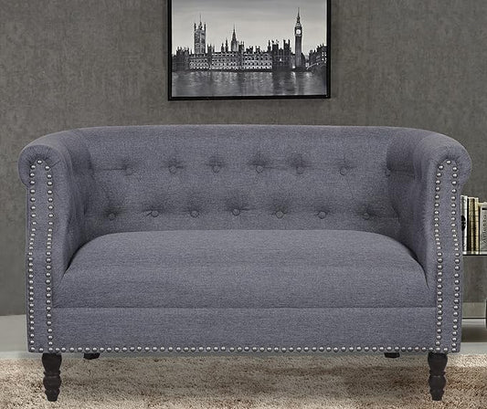 Container Furniture Direct Huton Collection Contemporary Upholstered Linen Wingback Loveseat with Solid Wood Frame and Button Tufted Details, Dark Grey