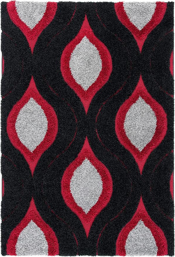 SAFAVIEH Florida Shag Collection Area Rug - 6' x 9', Black & Red, Modern Ogee Design, Non-Shedding & Easy Care, 1.2-inch Thick Ideal for High Traffic Areas in Living Room, Bedroom (SG461-9040)