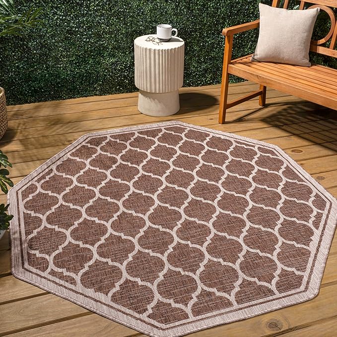 JONATHAN Y Moroccan Trellis Indoor Outdoor Octagon Area Rug 8 Ft Espresso/Taupe, Trebol Textured Weave for Backyard, Patio, Porch, Easy-Cleaning, Pet-Friendly, Non-Shedding (SMB109B-8TGN)