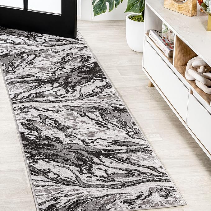 JONATHAN Y Swirl Marbled Black/Ivory Runner Rug 2X8 ft, Abstract for Living Room, Bedroom, Kitchen, Office, Easy-Cleaning, High Traffic, Pet-Friendly, Non-Shedding SOR203E-28