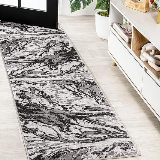 JONATHAN Y Swirl Marbled Black/Ivory Runner Rug 2X8 ft, Abstract for Living Room, Bedroom, Kitchen, Office, Easy-Cleaning, High Traffic, Pet-Friendly, Non-Shedding SOR203E-28