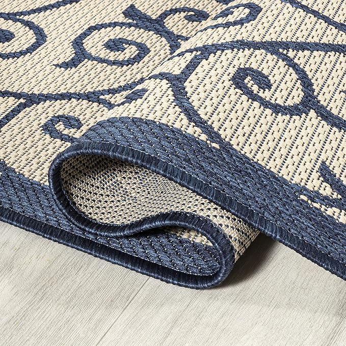JONATHAN Y Vintage Filigree Indoor Outdoor Area Rug 8X10 Navy/Beige, Madrid Textured Weave for Backyard, Patio, Porch, Easy-Cleaning, High Traffic, Pet-Friendly, Non-Shedding (SMB107G-8)