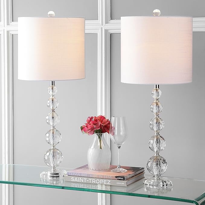 JONATHAN Y 28.5" Clear Crystal Faceted Orb Table Lamp Set of 2, Modern Glam Chrome Bedside Lamps for Living Room, White Linen Drum Shade, UL Listed, LED Bulbs Included JYL5002A-SET2