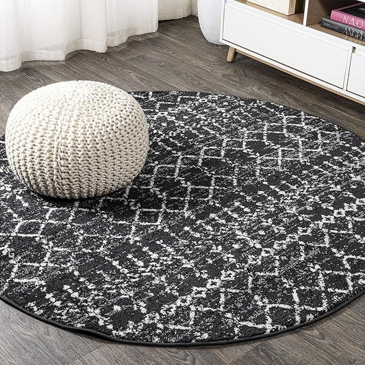 JONATHAN Y Boho Vintage Diamond Black/Ivory Round Area Rug 5 ft, Moroccan Hype for Living Room, Bedroom, Kitchen, Office, Easy-Cleaning, High Traffic, Pet-Friendly, Non-Shedding (MOH101D-5R)