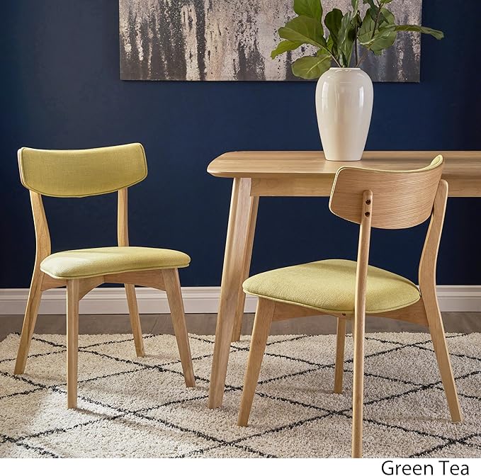 Christopher Knight Home Abrielle Mid-Century Modern Fabric Dining Chairs with Natural Oak Finished Rubberwood Frame, 2-Pcs Set, Green Tea / Natural Oak