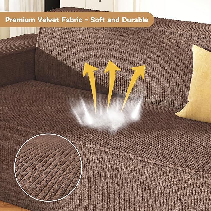 Swbvs Sofa-in-a-Box, Memory Foam 3-Seater Couch, No Installation & Easy to Transport, Deep Seat Modern Sofa with Corduroy Fabric, Couch for Living Room, Bedroom, Apartment, Home Office, Brown