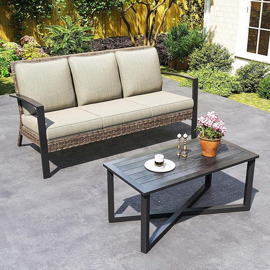 SUNVIVI OUTDOOR Patio Sofa with Coffee Table, All Weather Rattan Outdoor Patio Couch with Removable Cushions, Metal Outdoor Sofa Set for Garden Porch Balcony Backyard, Beige