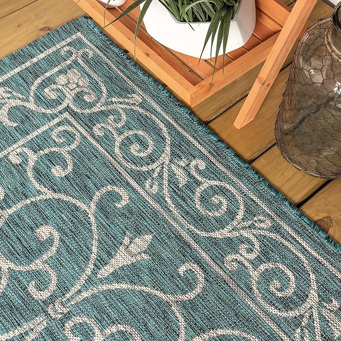JONATHAN Y Vintage Filigree Indoor Outdoor Round Area Rug 6 Ft Teal/Gray, Charleston Textured Weave for Backyard, Patio, Porch, Easy-Cleaning, High Traffic, Pet-Friendly, Non-Shedding (SMB106F-6R)