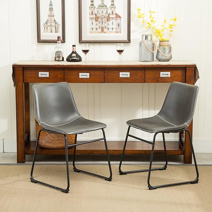 Roundhill Furniture Lotusville Vintage PU Leather Dining Chairs, Antique Gray, Set of 2