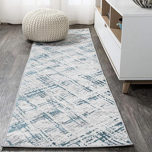 JONATHAN Y Slant Abstract Gray/Turquoise Runner Rug 2X10 ft, Modern for Living Room, Bedroom, Kitchen, Office, Easy-Cleaning, High Traffic, Pet-Friendly, Non-Shedding SOR201A-210