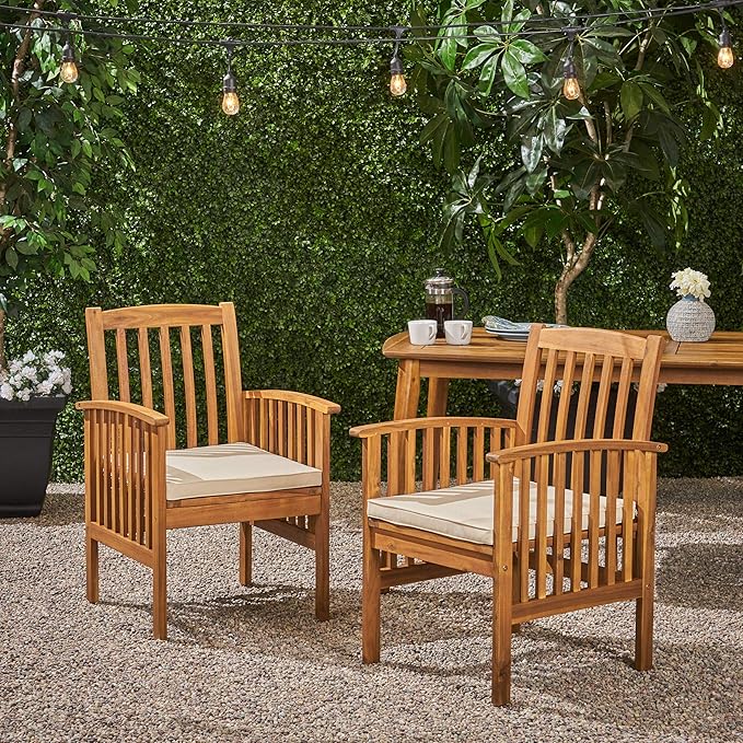 Great Deal Furniture Phoenix Acacia Patio Dining Chairs, Acacia Wood with Outdoor Cushions, Brown Patina and Cream (Set of 2), (307161)