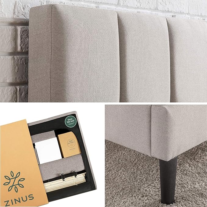 ZINUS Lottie Upholstered Platform Bed Frame with Short Headboard, Mattress Foundation, Wood Slat Support, No Box Spring Needed, Easy Assembly, Beige, Full
