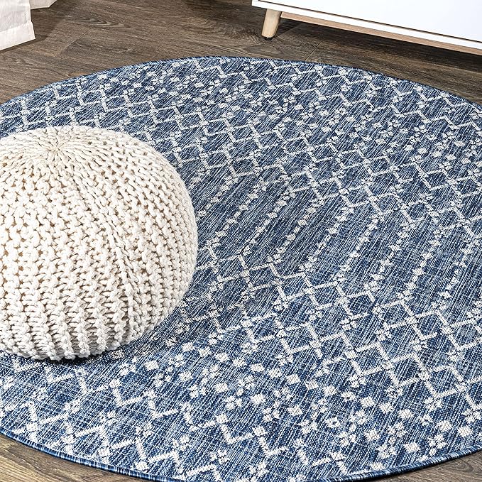 JONATHAN Y Moroccan Geometric Indoor Outdoor Round Area Rug 6 Ft Navy/Light Gray, Ourika Textured Weave for Backyard, Patio, Porch, Easy-Cleaning, High Traffic, Pet-Friendly, Non-Shedding SMB108B-6R