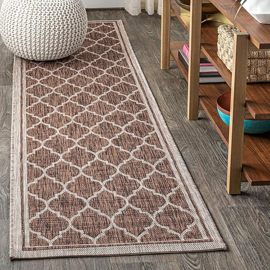 JONATHAN Y Moroccan Trellis Indoor Outdoor Runner Rug 2X14 Espresso/Taupe, Trebol Textured Weave for Backyard, Patio, Porch, Easy-Cleaning, High Traffic, Pet-Friendly, Non-Shedding (SMB109B-214)