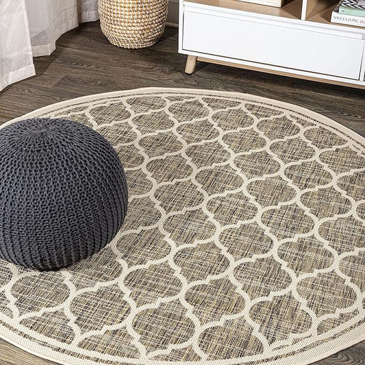 JONATHAN Y Moroccan Trellis Indoor Outdoor Round Area Rug 9 Ft Brown/Beige, Trebol Textured Weave for Backyard, Patio, Porch, Easy-Cleaning, High Traffic, Pet-Friendly, Non-Shedding (SMB109A-9R)