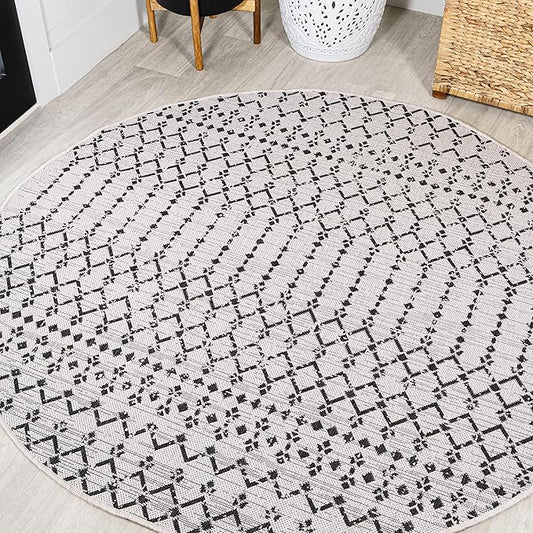 JONATHAN Y Moroccan Geometric Indoor Outdoor Round Area Rug 3 Ft Cream/Black, Ourika Textured Weave for Backyard, Patio, Porch, Easy-Cleaning, High Traffic, Pet-Friendly, Non-Shedding (SMB108I-3R)