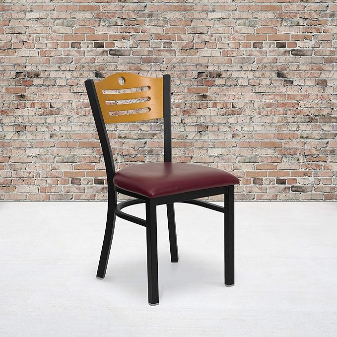 Flash Furniture 2 Pk. HERCULES Series Black Slat Back Metal Restaurant Chair - Natural Wood Back, Burgundy Vinyl Seat