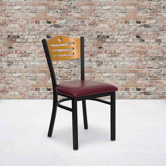 Flash Furniture 2 Pk. HERCULES Series Black Slat Back Metal Restaurant Chair - Natural Wood Back, Burgundy Vinyl Seat