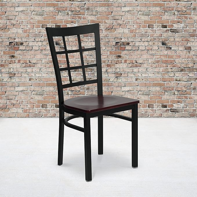 Flash Furniture HERCULES Series Black Window Back Metal Restaurant Chair - Mahogany Wood Seat