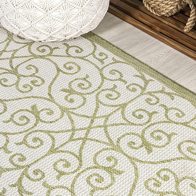 JONATHAN Y Vintage Filigree Indoor Outdoor Runner Rug 2X10 Green/Cream, Madrid Textured Weave for Backyard, Patio, Porch, Easy-Cleaning, High Traffic, Pet-Friendly, Non-Shedding (SMB107H-210)