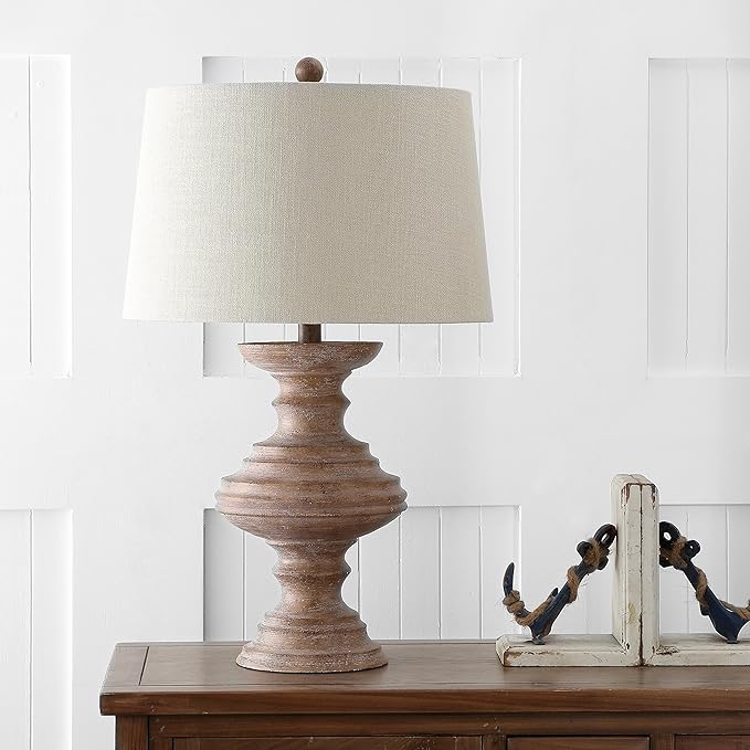 JONATHAN Y 26.5" Brown Faux Bois Resin Table Lamp, Traditional Wood Turned Design for Living Room Bedroom, Light Taupe Linen Shade, LED Bulb Included, UL Listed JYL1001A