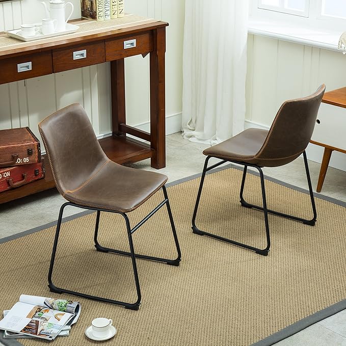 Roundhill Furniture Lotusville Vintage PU Leather Dining Chairs, Set of 2, Antique Brown