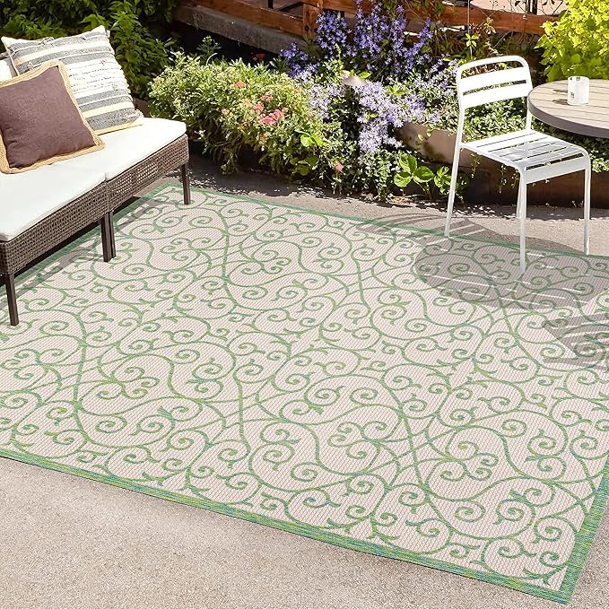 JONATHAN Y Vintage Filigree Indoor Outdoor Area Rug 5X8 Cream/Green, Madrid Textured Weave for Backyard, Patio, Porch, Easy-Cleaning, High Traffic, Pet-Friendly, Non-Shedding (SMB107J-5)
