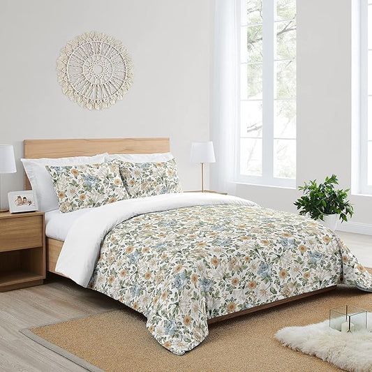 Sweet Jojo Designs Vintage Floral Blue Yellow Girl Full Queen Bedding Set Kids Comforter Childrens Size - 3pcs - Slate Green Gold Orange Taupe Beige Shabby Chic Rose Flower Boho Bohemian Farmhouse