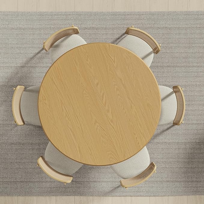 Casaphoria 52" Round Dining Table for 6, Two-Tone Wood Top and Black Pedestal Base, Modern Farmhouse Style, Dining Table Only