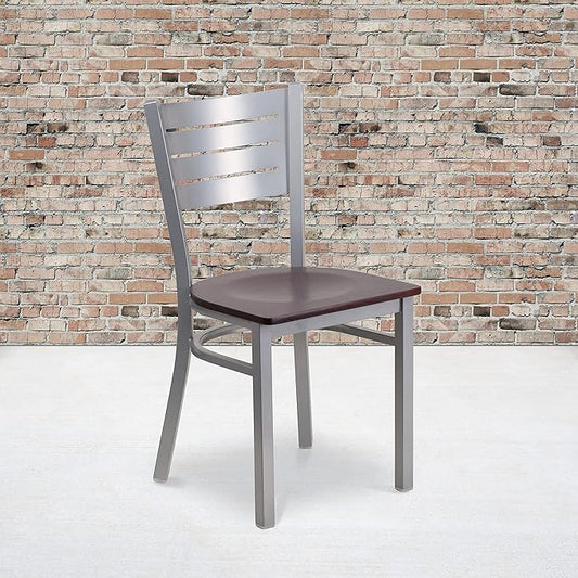 Flash Furniture HERCULES Series Silver Slat Back Metal Restaurant Chair - Walnut Wood Seat