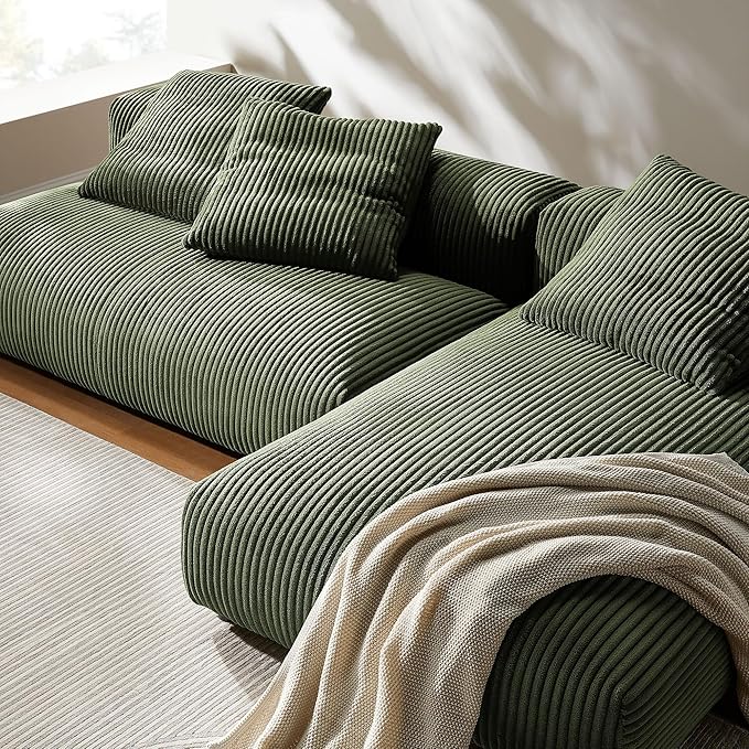 Modway Solace Modular Corduroy Sectional Sofa with Chaise in Fern - Comfy Corduroy Upholstered Deep Seat Sofa - Modern L-Shaped 2-Piece Sectional Sofa Set - 3 Seater Fabric Sofa for Living Room