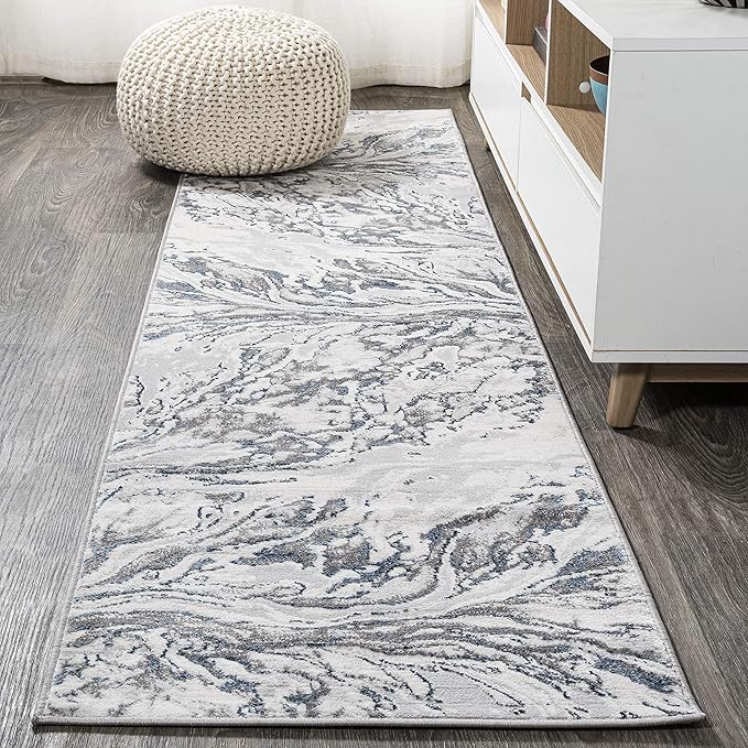 JONATHAN Y Swirl Marbled Gray/Blue Runner Rug 2X10 ft, Abstract for Living Room, Bedroom, Kitchen, Office, Easy-Cleaning, High Traffic, Pet-Friendly, Non-Shedding SOR203B-210