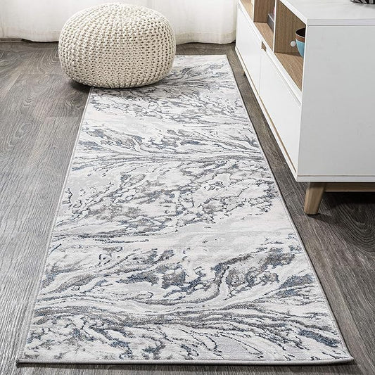 JONATHAN Y Swirl Marbled Gray/Blue Runner Rug 2X10 ft, Abstract for Living Room, Bedroom, Kitchen, Office, Easy-Cleaning, High Traffic, Pet-Friendly, Non-Shedding SOR203B-210