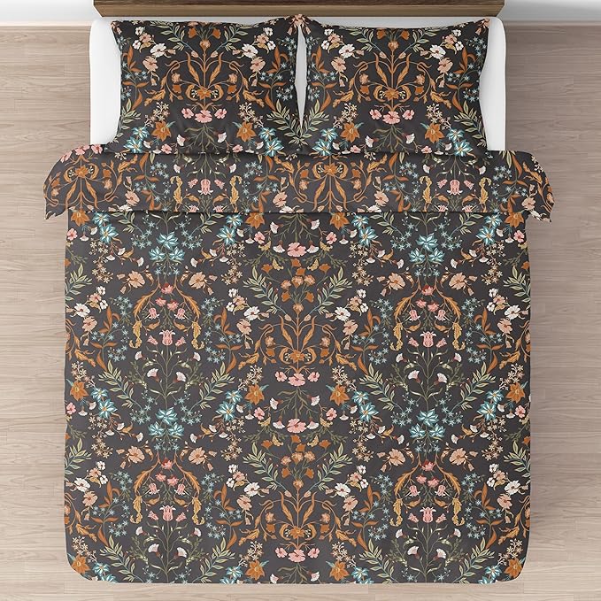 Sweet Jojo Designs Boho Wildflower Vintage Floral Girl Queen Comforter Set Full Size Bedding Teen Adult Bed Room 3p Black Orange Bohemian Farmhouse Flower Leaves Paisley Botanical Cottagecore Rustic