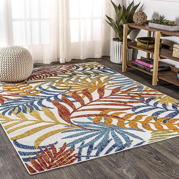 JONATHAN Y Tropics Palm Leaves Indoor Outdoor Area Rug 5X8 Cream/Orange, Boho for Backyard, Patio, Porch, Easy-Cleaning, High Traffic, Pet-Friendly, Non-Shedding (AMC100B-5)