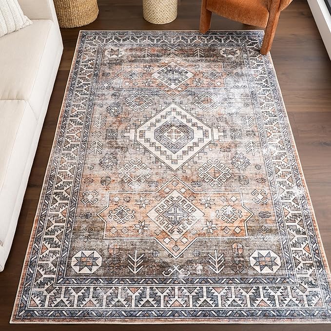 nuLOOM 4' x 6' Machine Washable Stain-Resistant Area Rug with Non Slip Backing, Low Profile for Living Room, Bedroom, and Dining Room, Bowie Rust