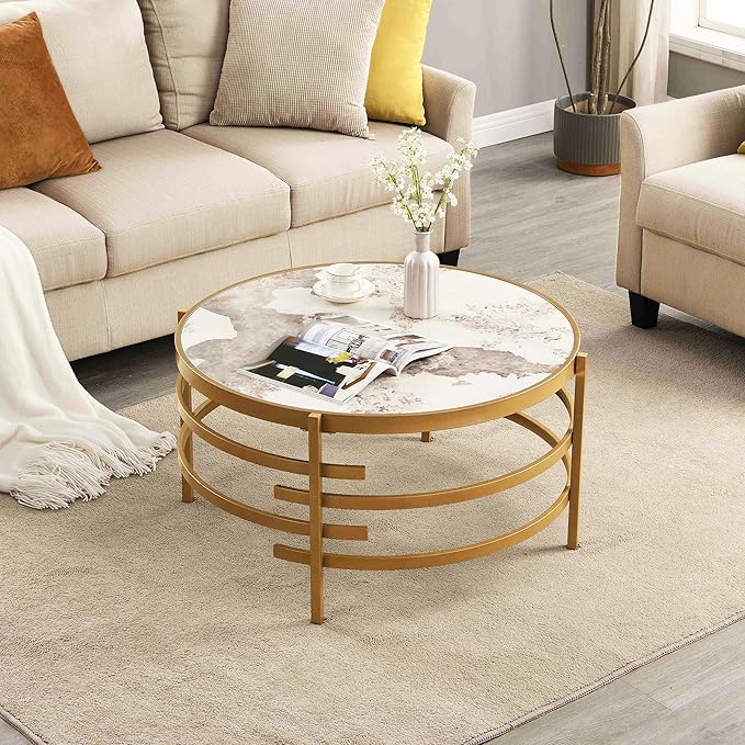 Round Coffee Table Sintered Stone - LifeSky 32 inch Circle Center Coffee Table with Metal Frame - Modern Circular Coffee Tables for Living Room Gold