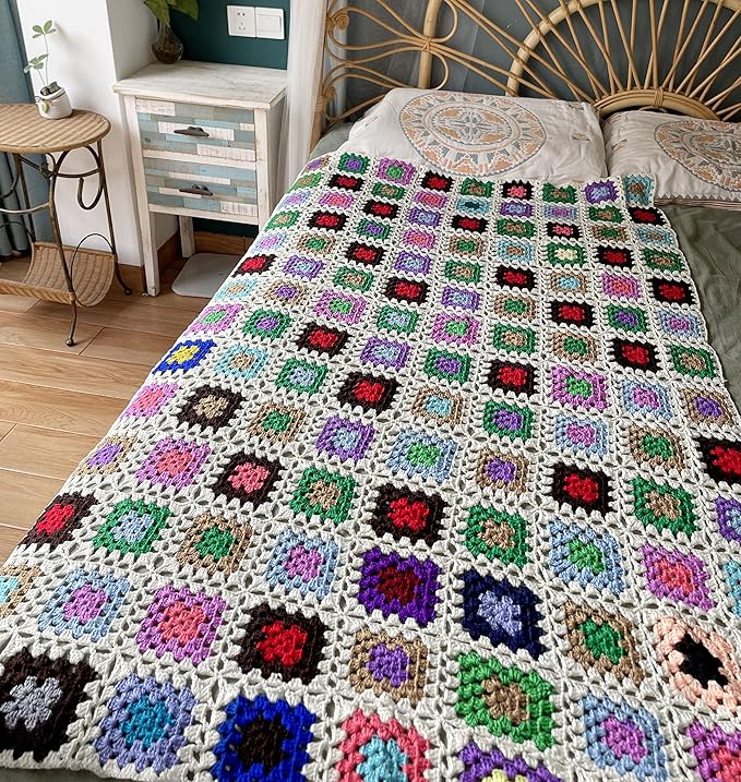 RISEON Handmade Granny Square Crochet Throw Blanket Sweater Style Mat, crochet quilt, multicolor Boho Travel Accent Decor Throw for Sofa Comforter Couch Bed Recliner Living Room Bedroom (White)